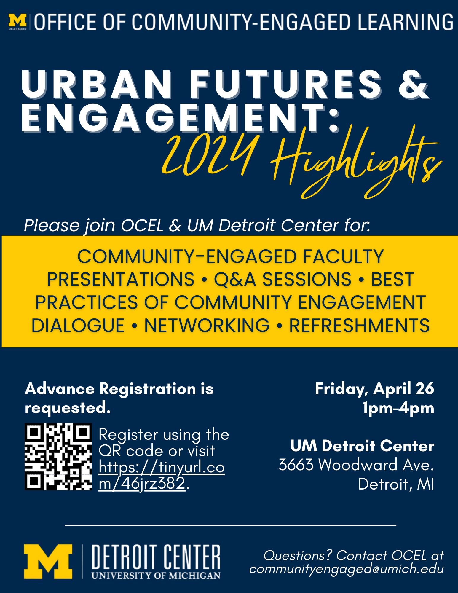flyer for urban futures and engagement: 2024 highlights, held at the detroit center on 4/26/24