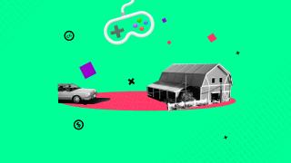 A colorful collage graphic featuring video game elements and a farm landscape.