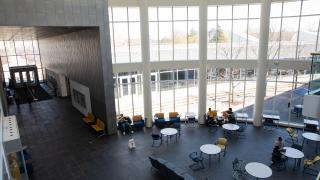 A bird's eye view of the CASL building atrium interior, with students sitting and studying against a wall of windows that flood the space with natural light.