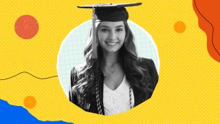 A colorful graphic featuring a headshot of student Olivia Pellegrini wearing a cap and gown