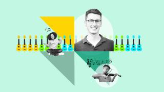 A colorful graphic featuring a headshot of Education Lecturer Eric Bottorff, children playing music and singing, and a line of ukuleles in the background.