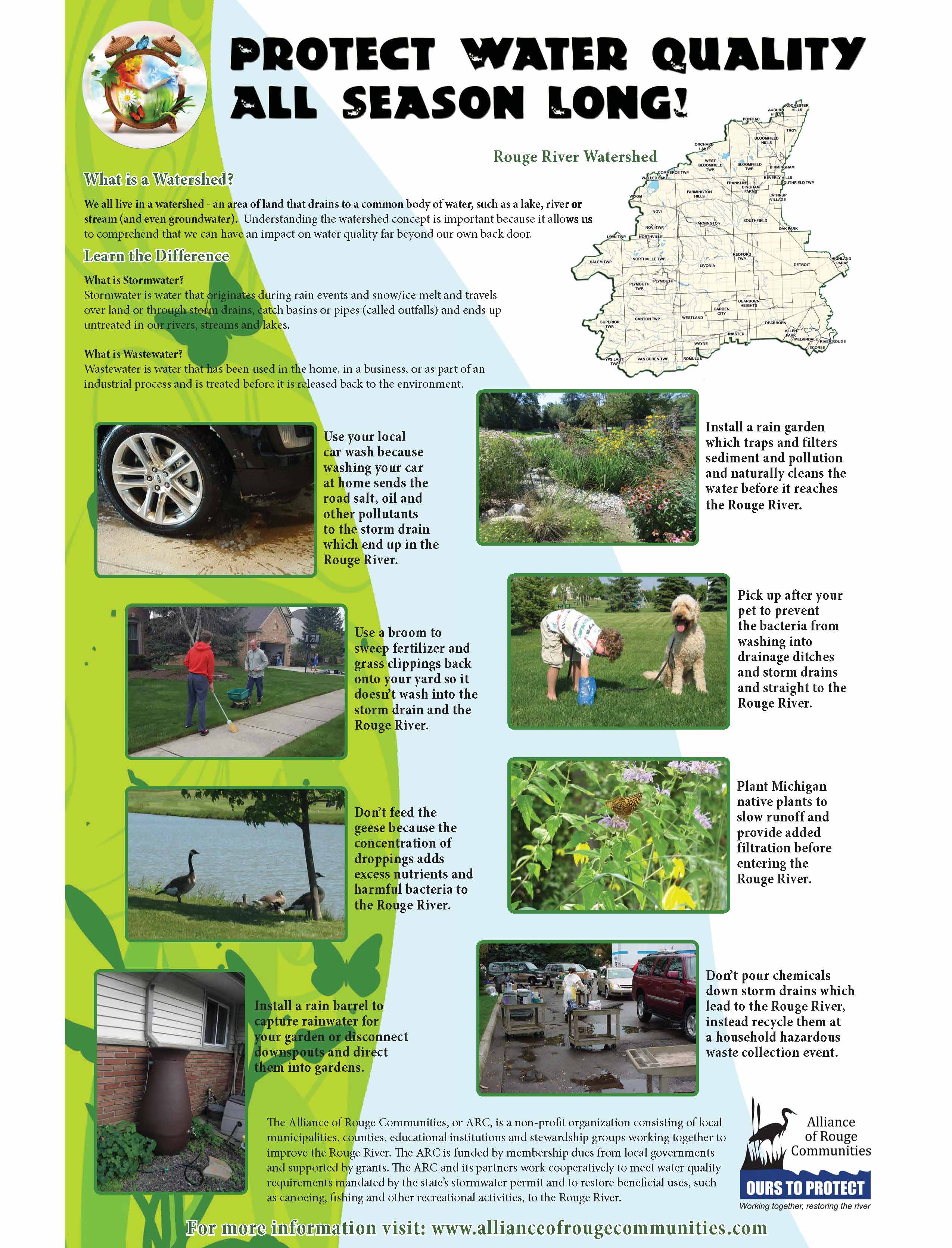 Spring flyer containing all the provided information. Graphics include a clock with flowers, grass, and butterflies, water dripping from a car, a rain garden, a man spreading fertilizer and a woman sweeping any off the sidewalk, a boy picking up after his dog, water with geese by it, native plants with a butterfly, rain barrel next to a house, and a waste collection event.