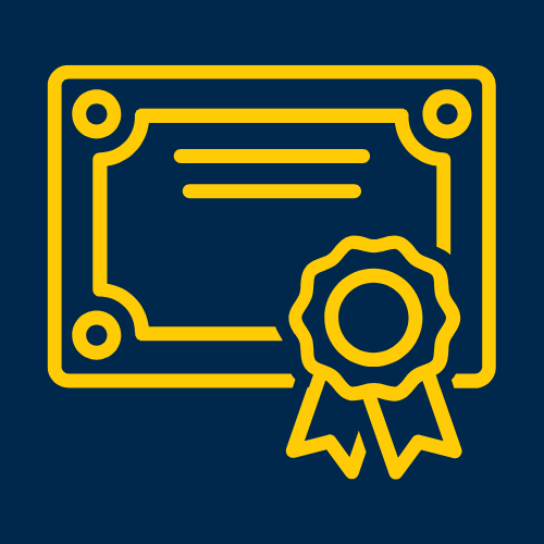 Icon of an award certificate in maize on blue background.