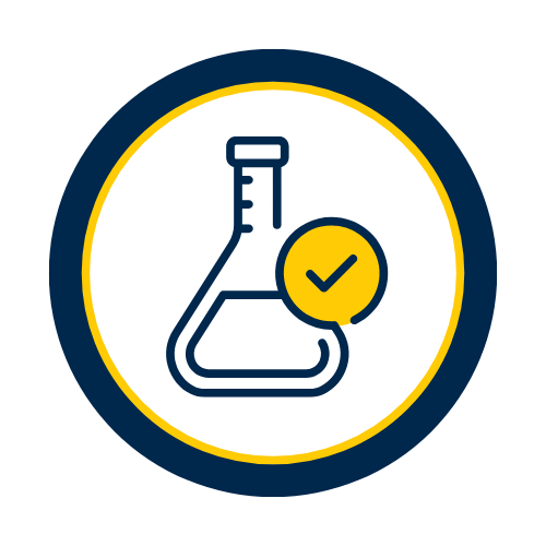 Logo featuring a stylized flask within a circle, marked by a check mark, in blue and yellow colors.