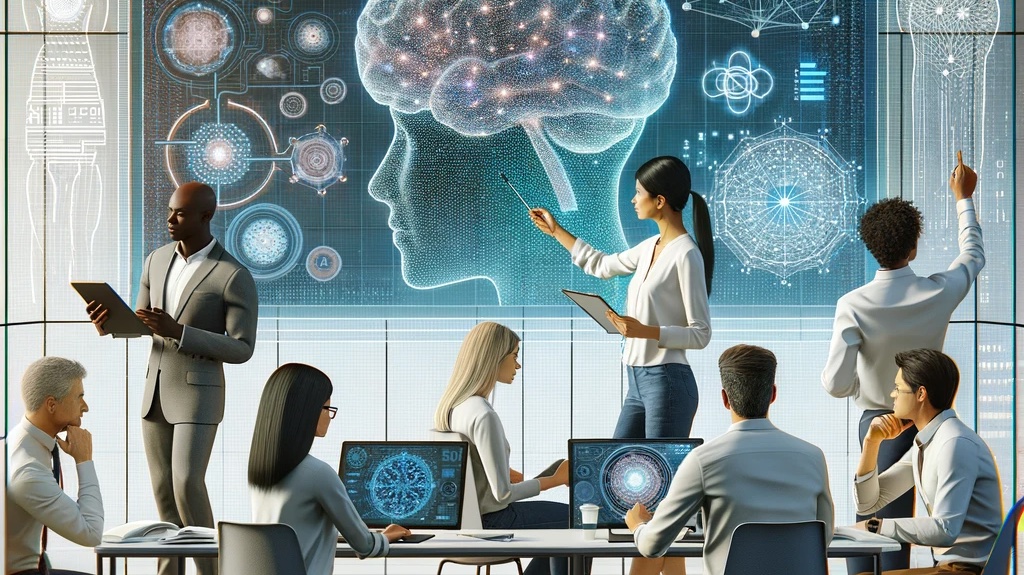 People in a meeting room, some at a desk looking at computers, some pointing items out on a projected image.