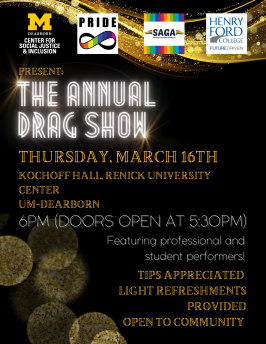 A flyer with a black background and gold accents detailing information about the 2023 Drag Show