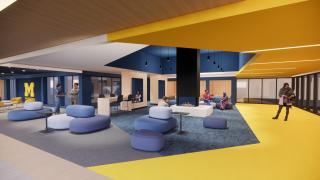 An artist rendering of the renovated Renick University Center, featuring an open lounge area, walkaround fireplace and maize and blue theme.